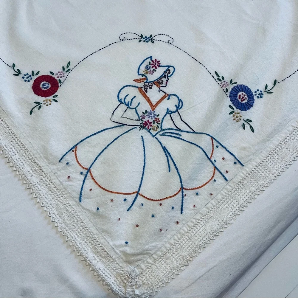 Vintage Hand Embroidered Linen & Lace Tablecloth Crinoline Ladies in Hoop Skirts